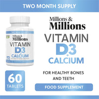 Millions & Millions - Calcium 400mg + Vitamin D3 200iu • Musculoskeletal Support for Strong Bones, Muscles & Teeth • Suitable for Vegetarians • 60 Tablets • 2 Month Supply