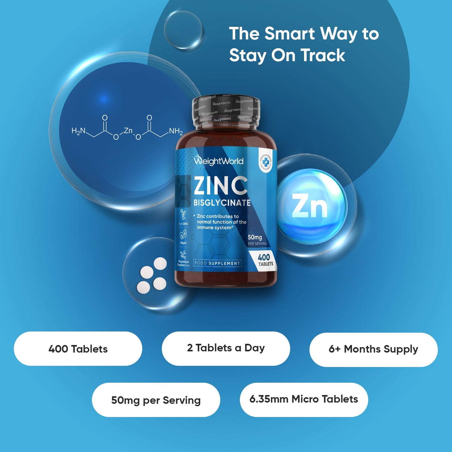 WeightWorld Zinc Tablets 50mg | 400 Tablets | 6+ Months Supply | Zinc Supplements for Men & Women - 2-a-Day | Travel-Friendly | No Artificial Flavours Added | Non-GMO, Vegan & Magnesium Stearate-Free