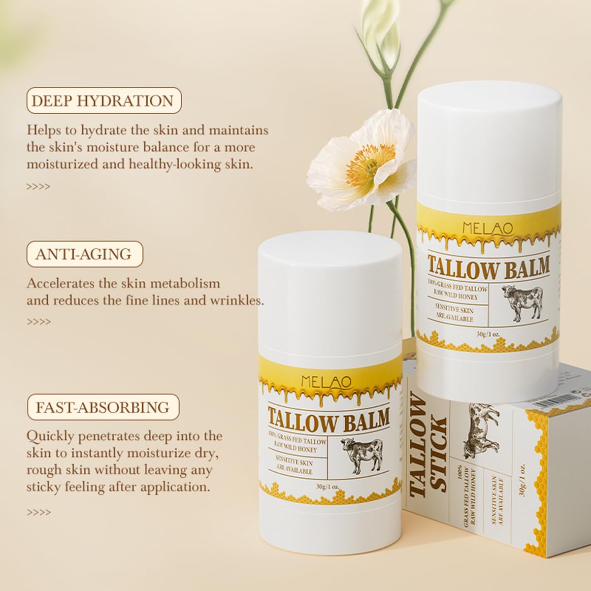 HOPHAT Beef Tallow Balm Stick –Beef Tallow for Skin, Grass Fed Tallow & Honey Balm Stick, Moisturizing Skin Care Cream for Dry Skin