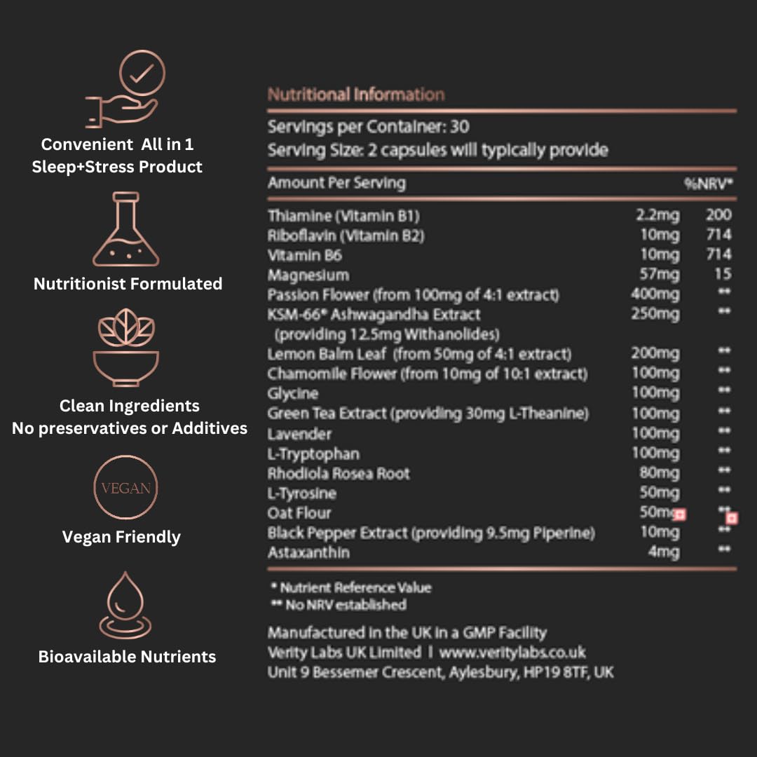 Zen & Me | Sleep and Stress Aid Supplement with Ashwagandha, Lavender, Vitamin B6, Magnesium, Chamomile | 60 Vegan Capsules | Natural Ingredients by Verity Labs