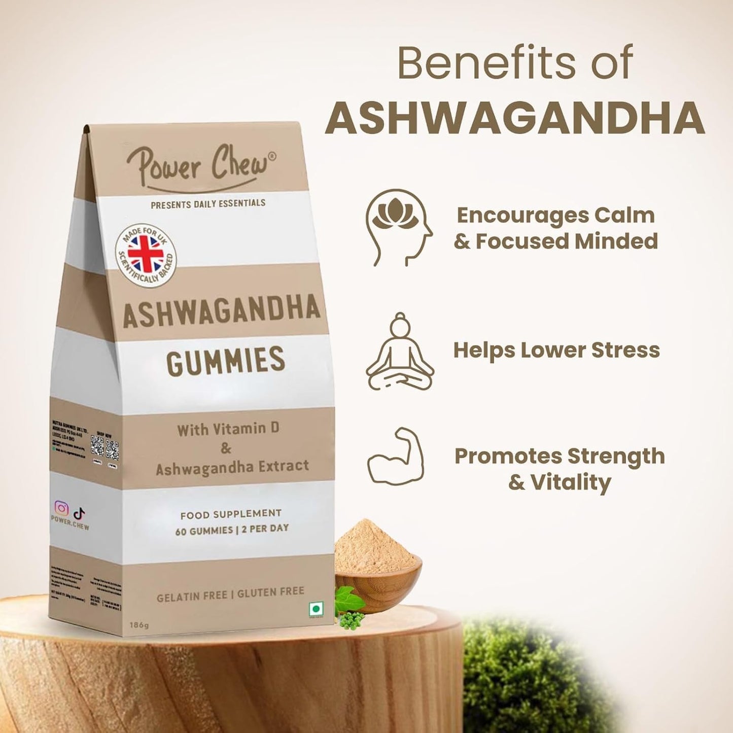 Power Chew Ashwagandha Gummies | High Strength Ashwagandha Extract and Vitamin D | 60 Vegan Gummies Chewable | Vitamin Gummies for Women & Men | Super Tasty Food Supplement for Adults