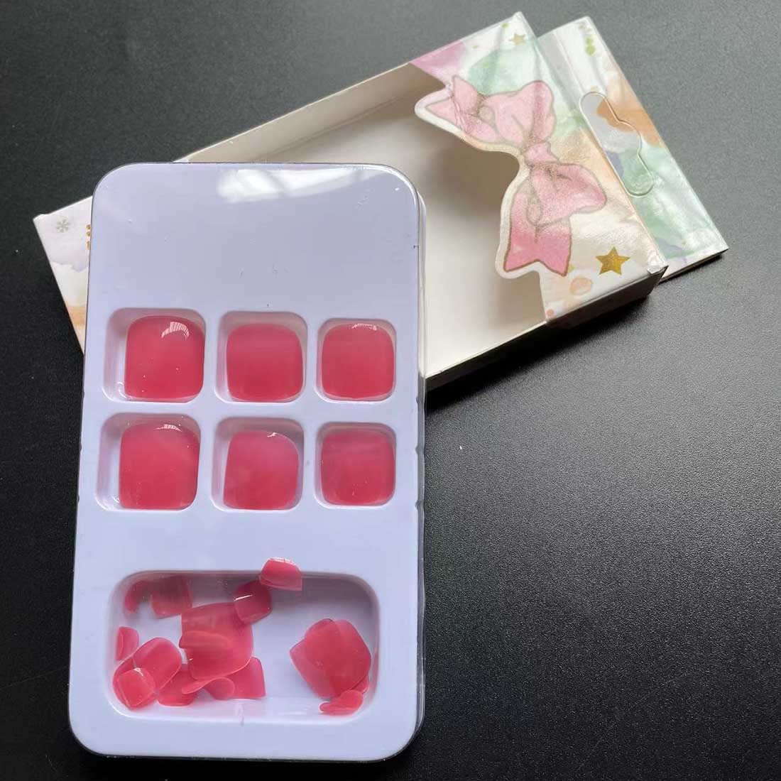 Cubahop 24pcs French Square Glitter Powder Fake ToeNails Nude False Toenails Glossy Pink White Toe Nail Tips for Women and Girls (Red 1)