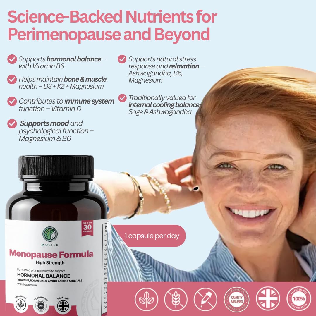 Mulier Menopause Supplement, Allergen Free, Vegan, 14 Supporting Ingredients Incl. Sage, Ashwagandha, K2, CoQ10, 1 Month Supply, 30 Capsules