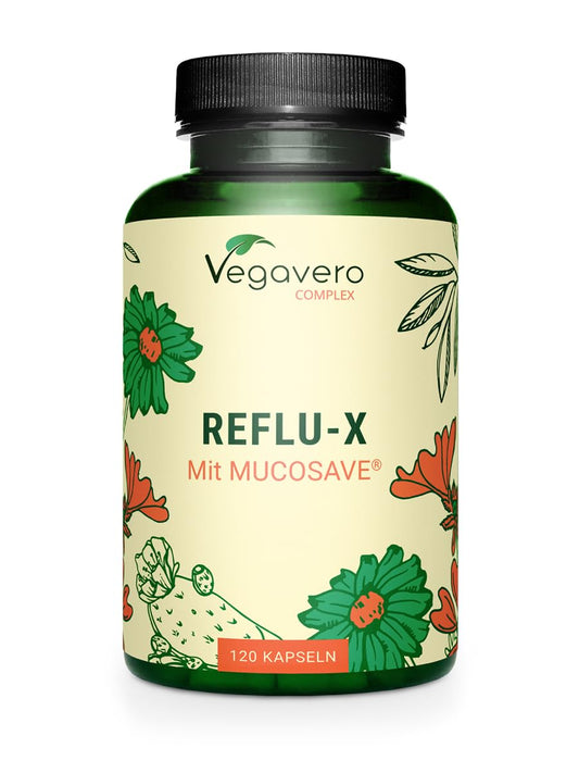 Vegavero Reflu-X Complex | Natural Antacid | Stomach Capsules for Reflux and Gastritis | with Mucosave®, Olive Leaf Extract, Sodium Alginate, Chamomile | NO Additives | 120 Capsules | Vegan