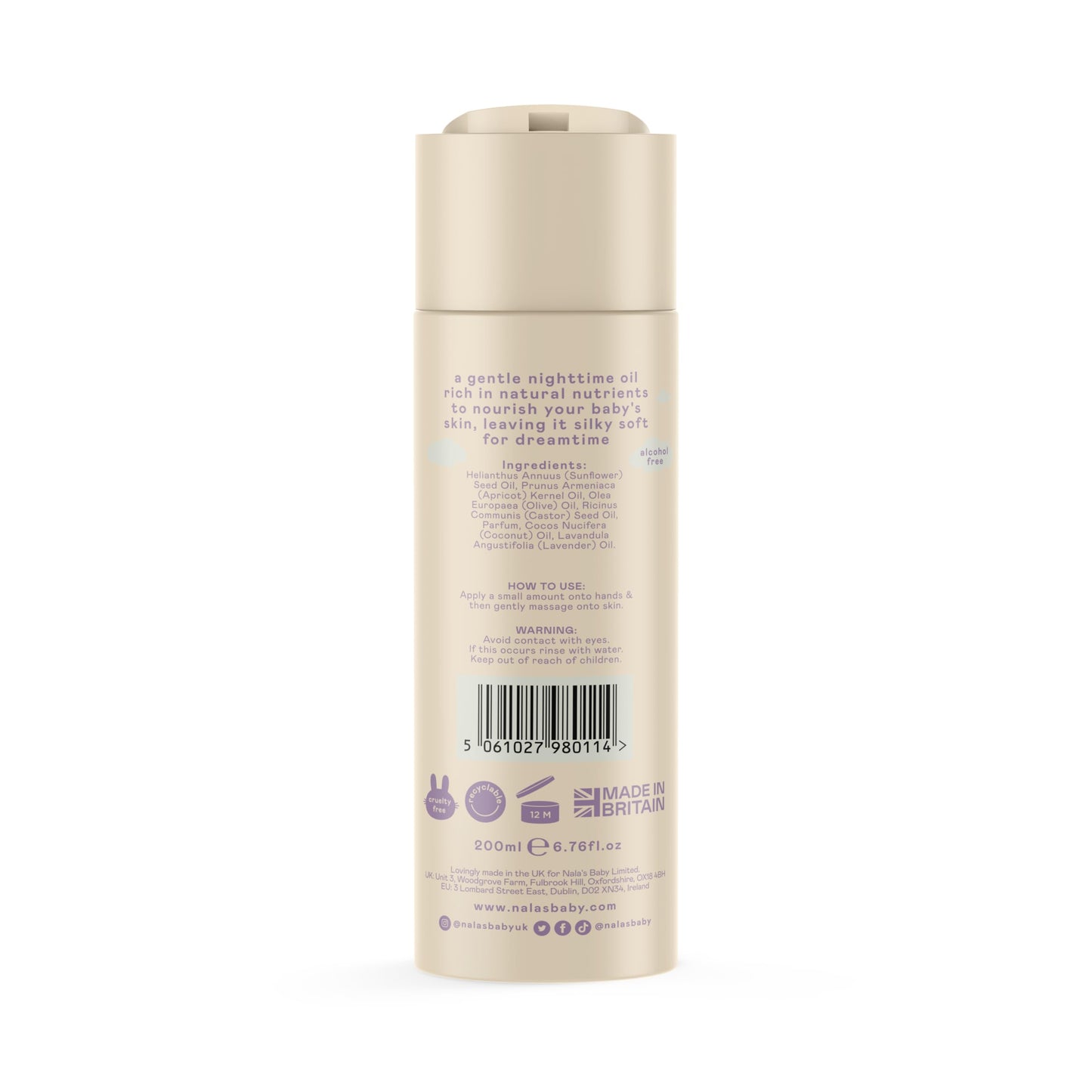 Nala's Baby Nighttime Oil | Award-winning | 99% Natural | Dermatologically-tested and Paediatrician-approved | Calming Shea Butter, Cocoa Butter and Camomile | Vegan | 200ml | Nalas Baby