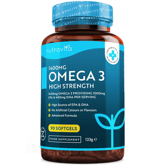Highest Strength Omega 3 Fish Oil 2000mg - Providing 1000mg EPA & 400mg DHA per Serving - Sustainably Sourced & Contaminant Free - Made in The UK by Nutravita