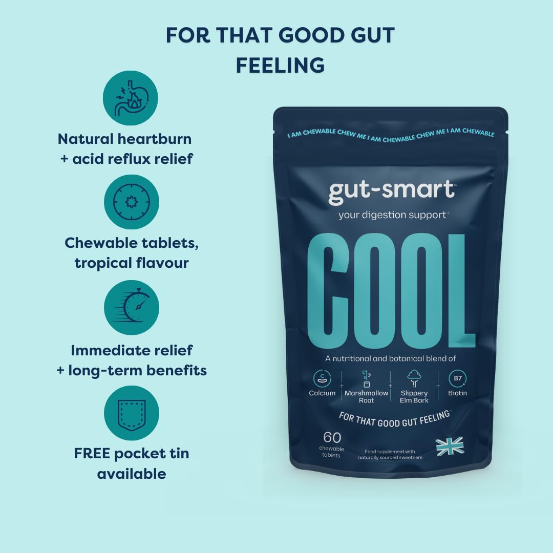 Gut - Smart Gut–Smart COOL, 60 x Chewable Tablets, Heartburn Relief, Antacid, Natural Supplements for Healthy Digestion, Contains Slippery Elm, Marshmallow Root, Calcium and Biotin, POCKET TIN Included