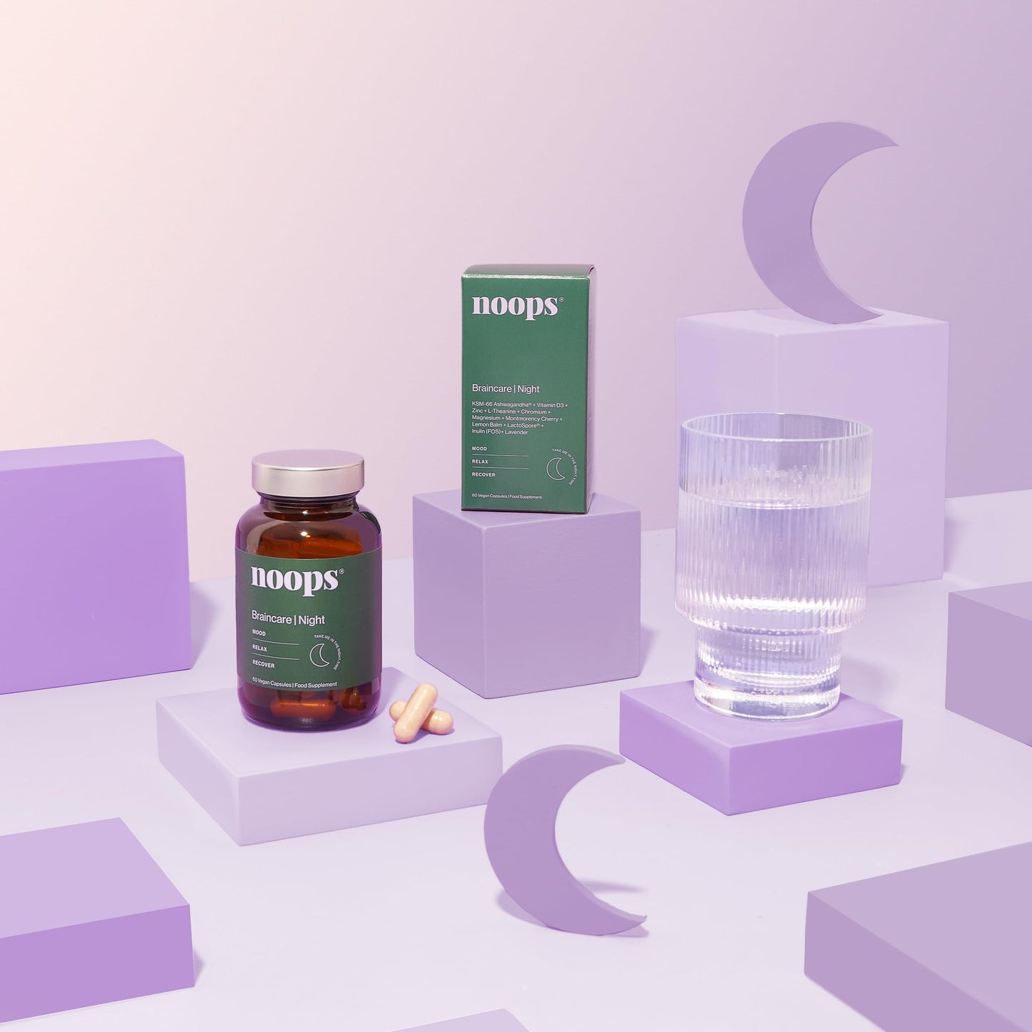 Noops Nootropics Brain Care Night for Mood, Calm & Relaxation with Ashwagandha KSM-66, L-Theanine, Montmorency Cherry, Magnesium, Lemon Balm & Lavender Supplement Complex, 60 Capsules