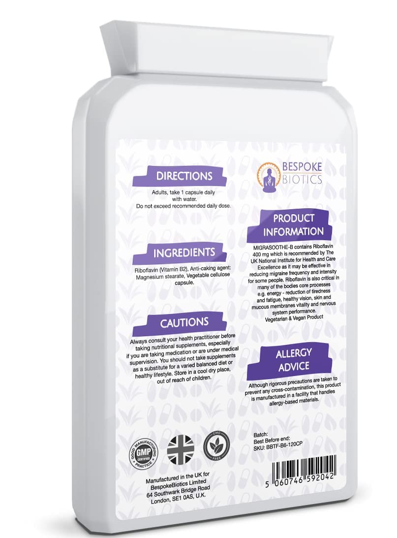 Premium Vitamin B2 Riboflavin 400mg per Capsule 120 Days Supply - Migrasoothe-B Pharma Manufacturing Standards UK Made Migraine Support, Stress, Tremors & Energy Vegan. NHS Recommended Vitamin B2 400
