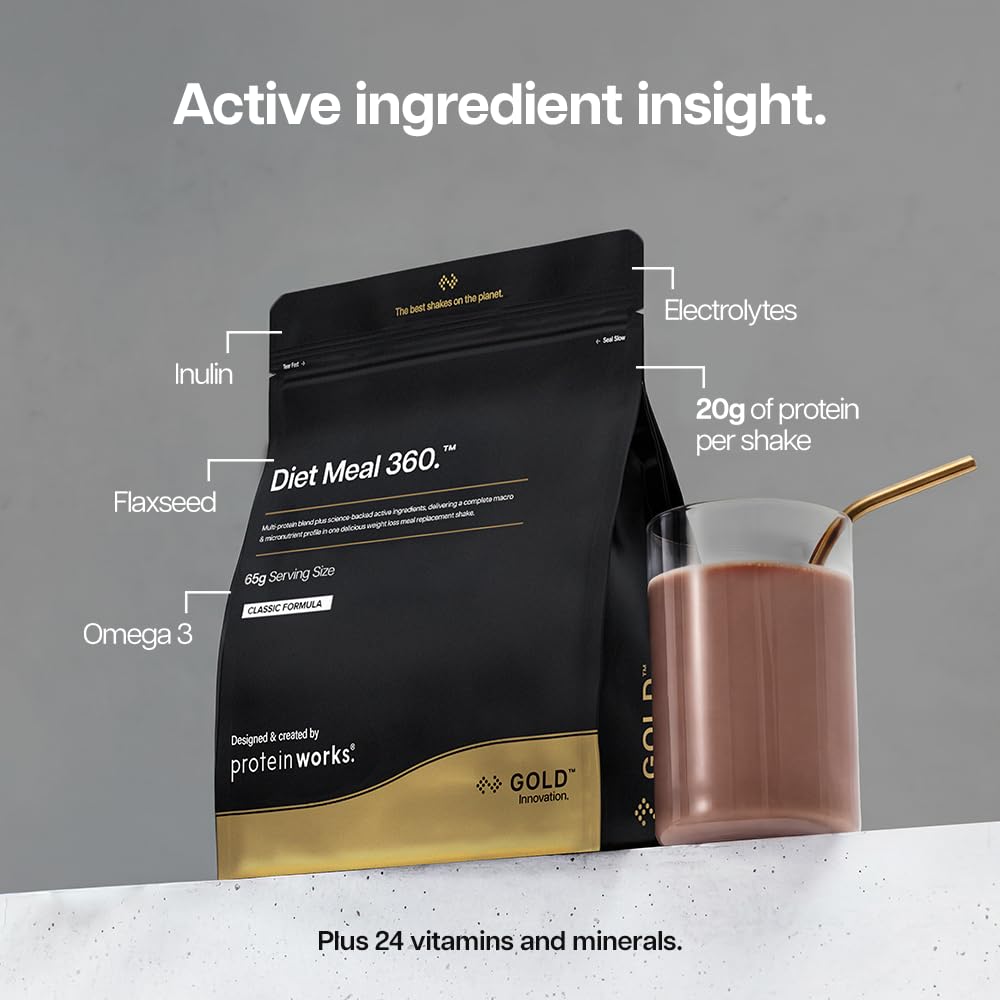 Protein Works | Diet Meal 360 - GOLD Innovation, Diet Meal Replacement Shake, Supports Weight Loss, 24 Vitamins & Minerals, Added Flaxseed, Inulin, Omega 3, Strawberries 'n' Cream, 7 Meals, 500g
