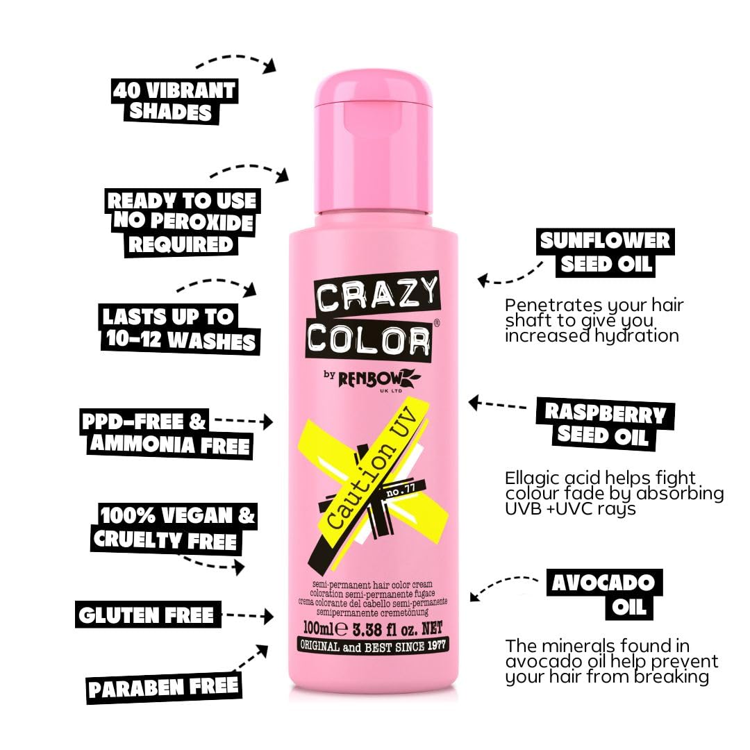 Crazy Color Caution UV Semi-Permanent 4 Pack Quad Hair Dye. Highly Pigmented Neon Yellow Conditioning & Oil Nourishing Vegan Formula No Bleach or Ammonia 400ml