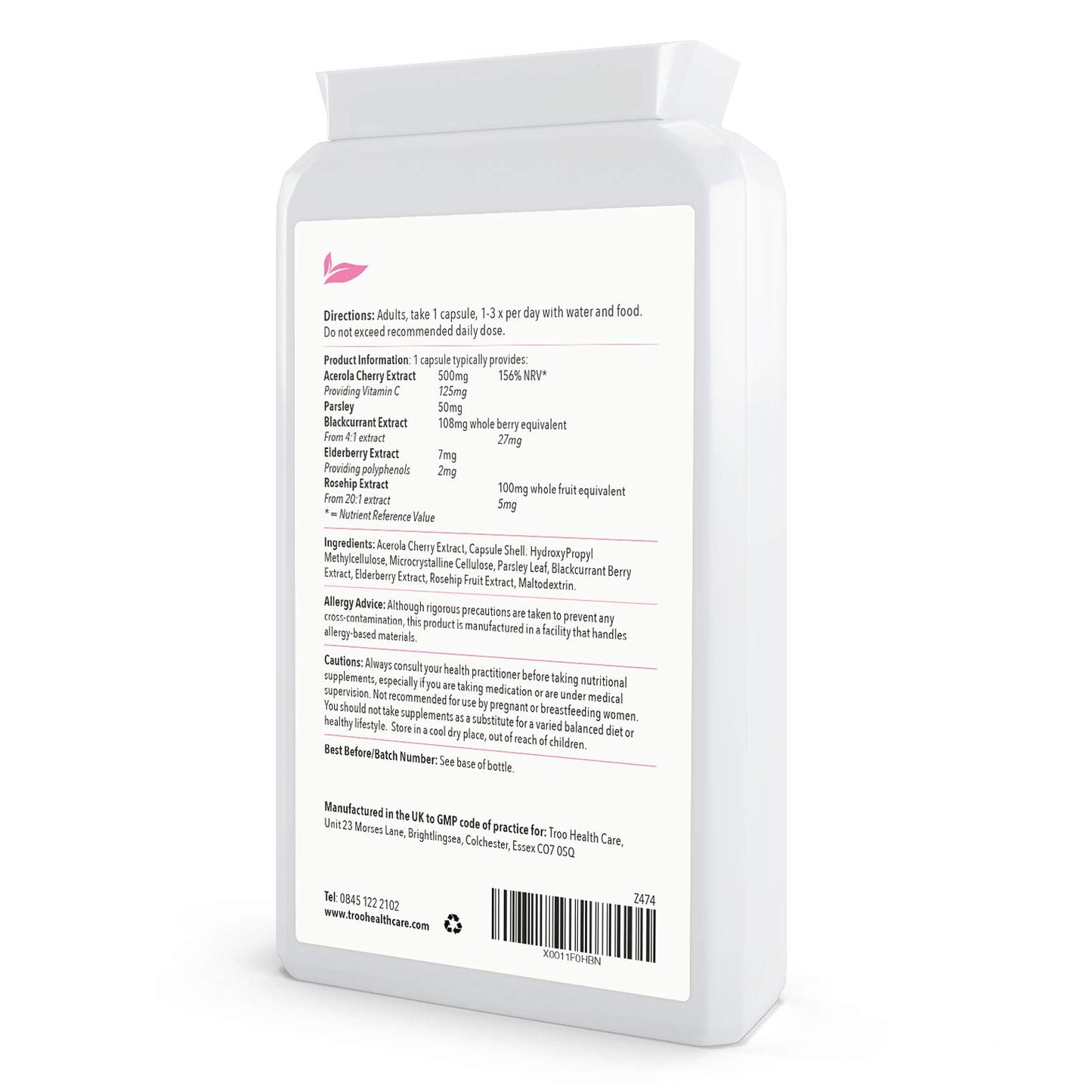 Troo Health Care Vitamin C Cherish 120 Capsules - Natural Food Vitamin C Immune Support & Fatigue Reduction Supplement Containing Acerola Cherry and Elderberry - UK Manufactured