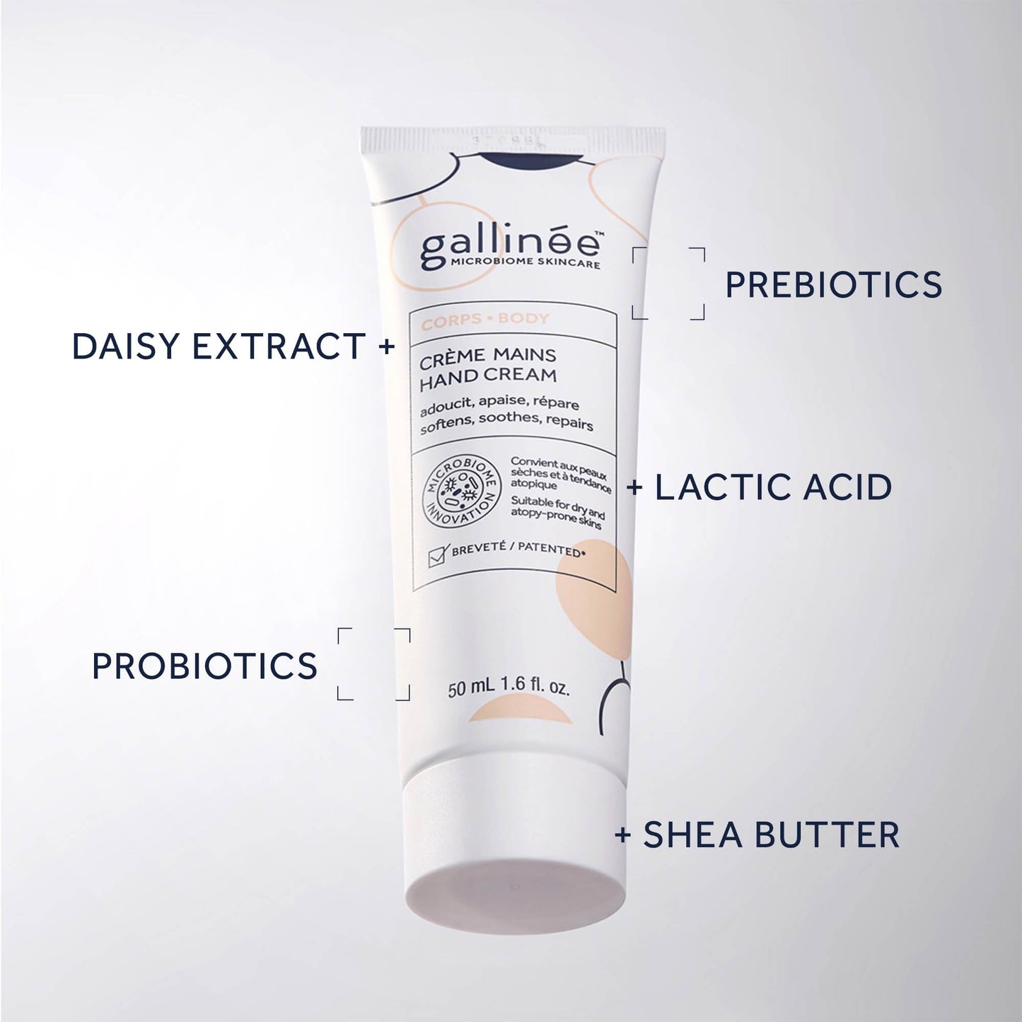Gallinée - Hand Cream - Nourishing & Non-Greasy Hand Moisturiser for Dry Skin - Made with Prebiotics, Probiotics & Postbiotics - Supports Damaged Skin Microbiome - Made in France - 50 ml