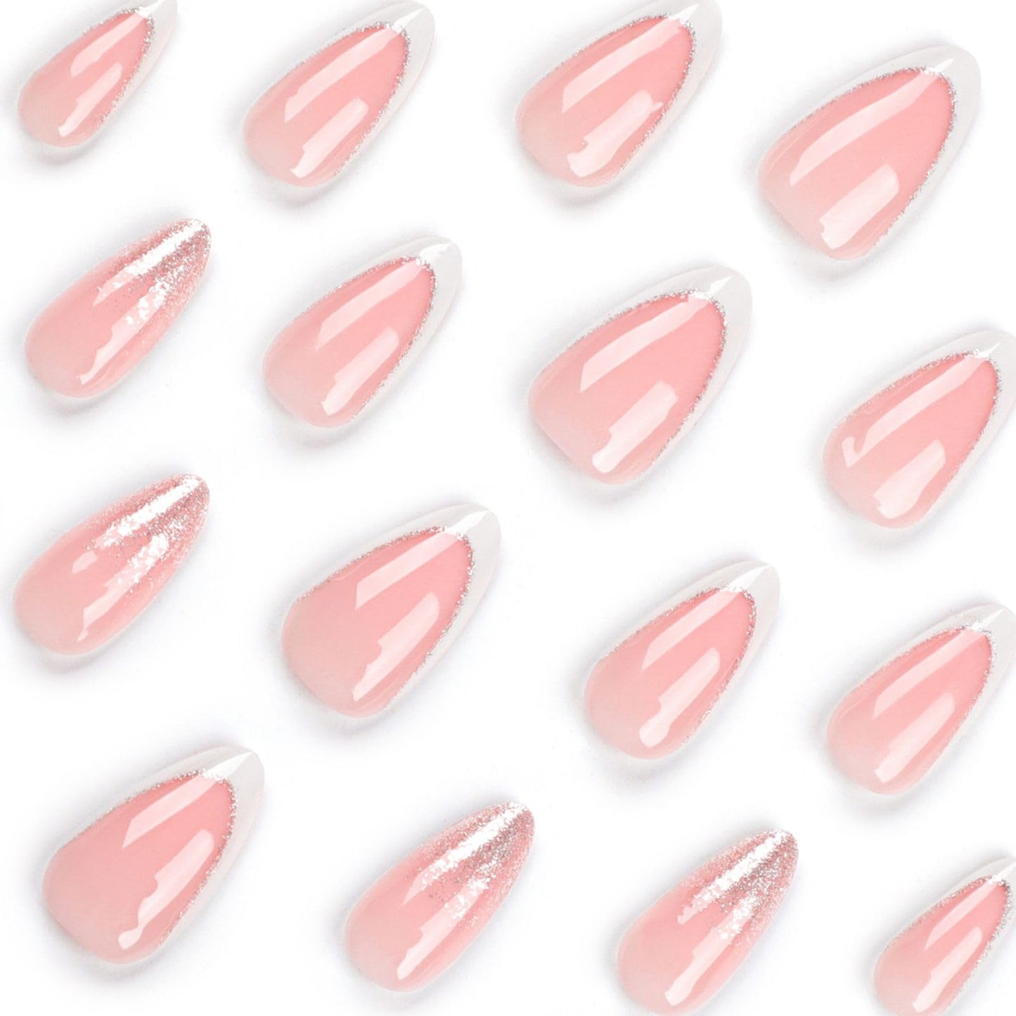 Angwis 24pcs Short Almond False Nails French White Tip Stick on Nails Glitter Silver Press on Nails Removable Glue on Nails Full Cover Fake Nails Women Bridal Nail Art Accessories