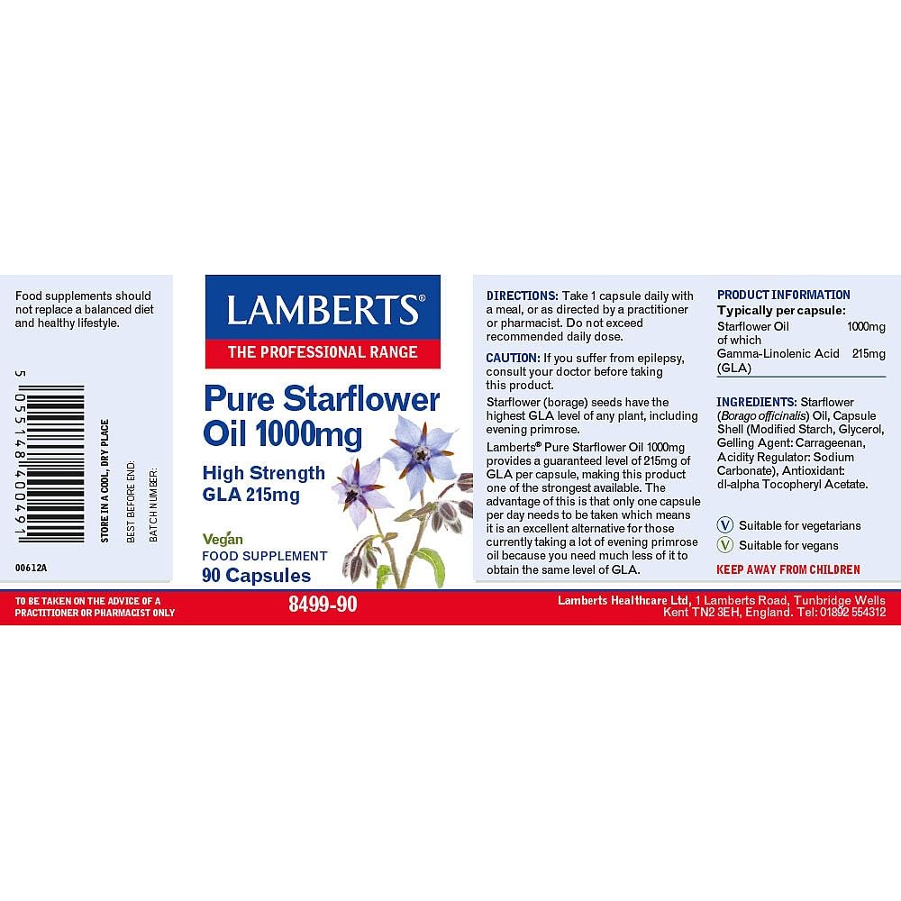 Lamberts Pure Starflower Oil 1000mg – High Strength GLA Source – Cold Pressed Borage Oil – 90 Vegan Capsules