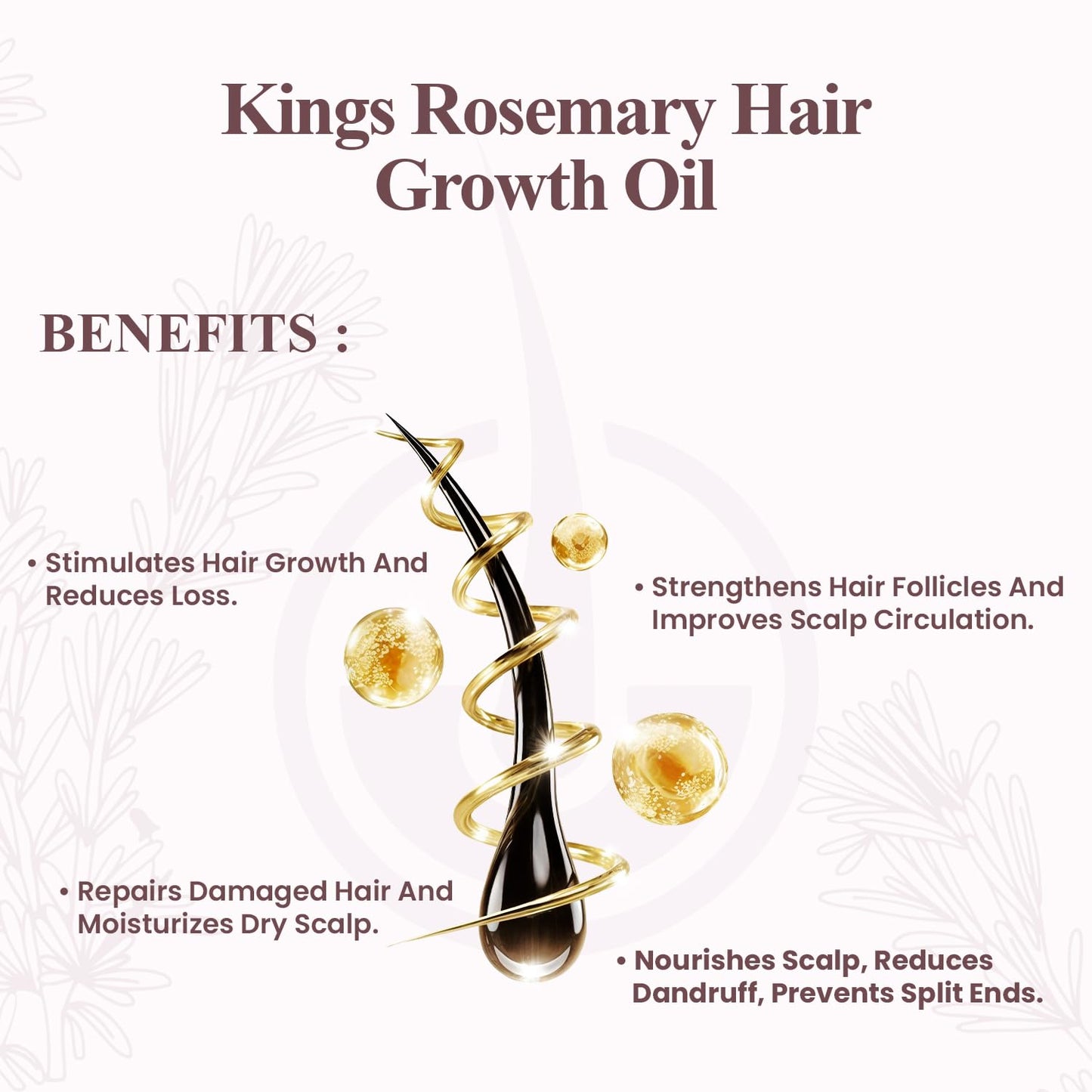 Kings 100% Natural Rosemary Oil for Hair Growth with Biotin - Promotes Hair Growth & Prevents Hair Loss, Organic Rosemary Hair Oil to Treat Dry Damaged Hair for Men & Women | 100 ml