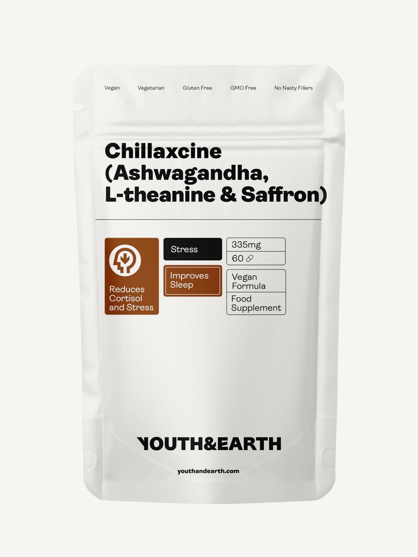Youth & Earth CHILLAXCINE (Ashwagandha, L-theanine and Saffron) 335mg (60 Capsules)