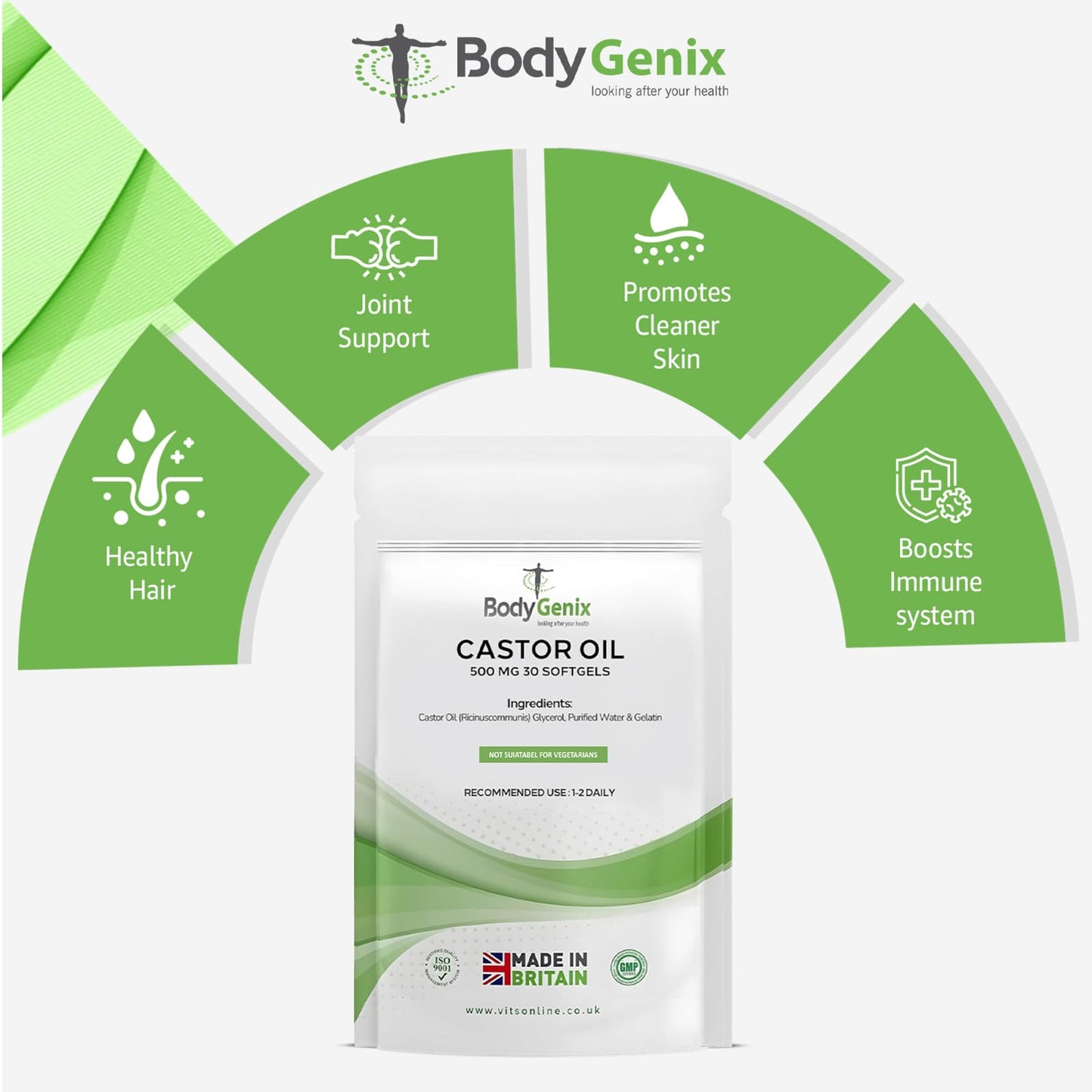 Bodygenix Castor Oil 500mg Softgel - Supports Immune System Skin Hair Health Joint Wellness Relief Natural Health Supplement - 30 Softgels, 1 Month Supply