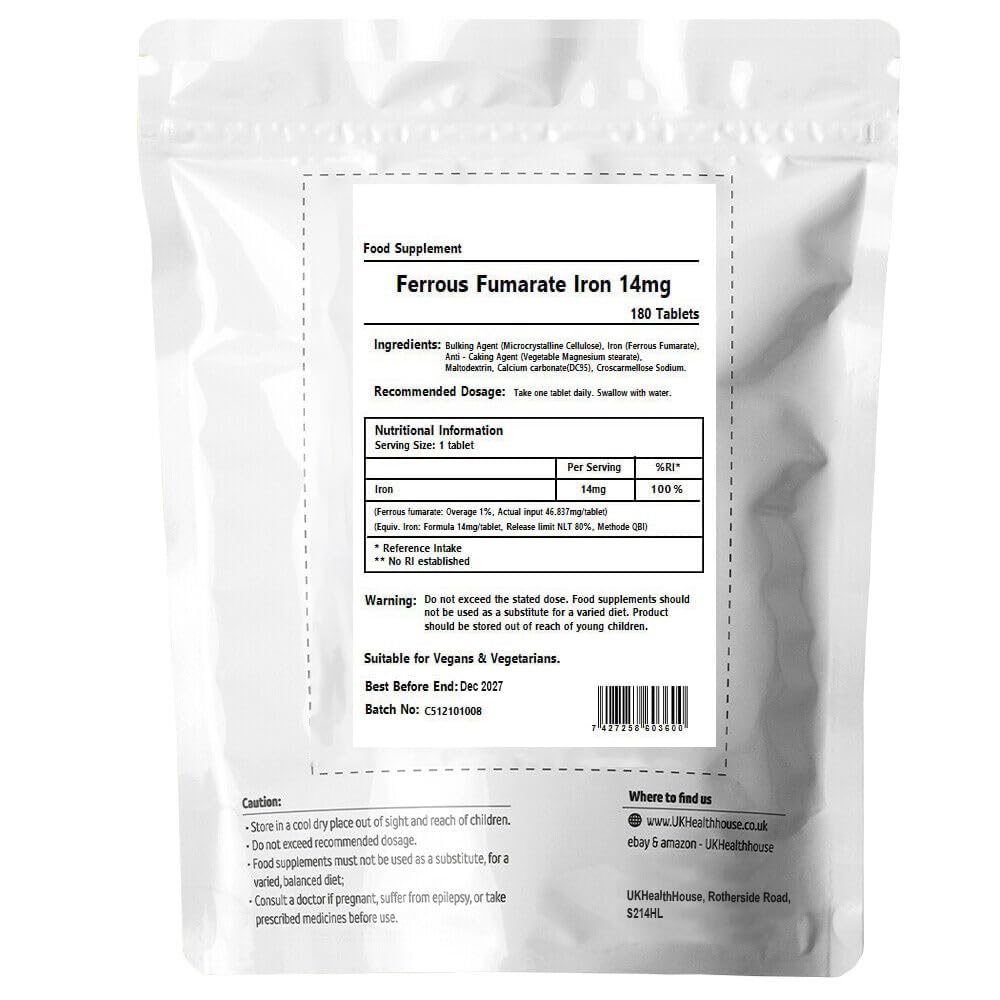 UKHealthHouse Ferrous Fumarate Iron Tablets 14mg Blood Cells Energy Anaemia Tiredness Pregnancy High Strength General Health & Well Being Supplement Vegan (180)