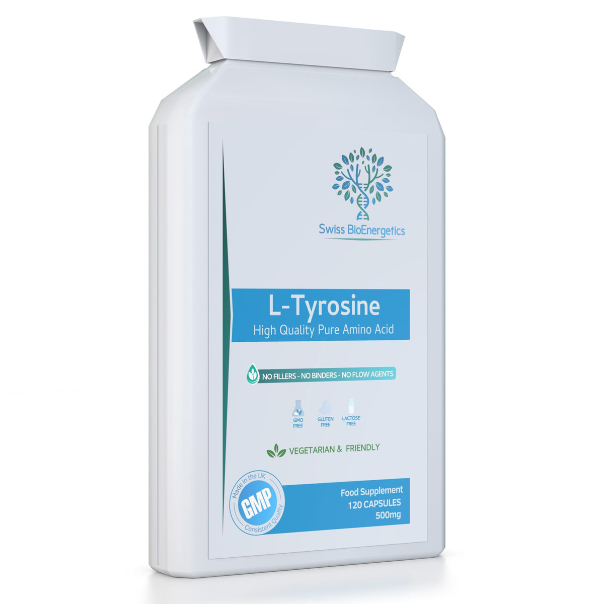 swiss bioenergetics L-Tyrosine 500mg 120 Capsules - Pure Amino Acid with No Fillers or Binders or Flow Agents – an Amino Acid Nutritional Supplement Suitable for Vegetarians - UK Made