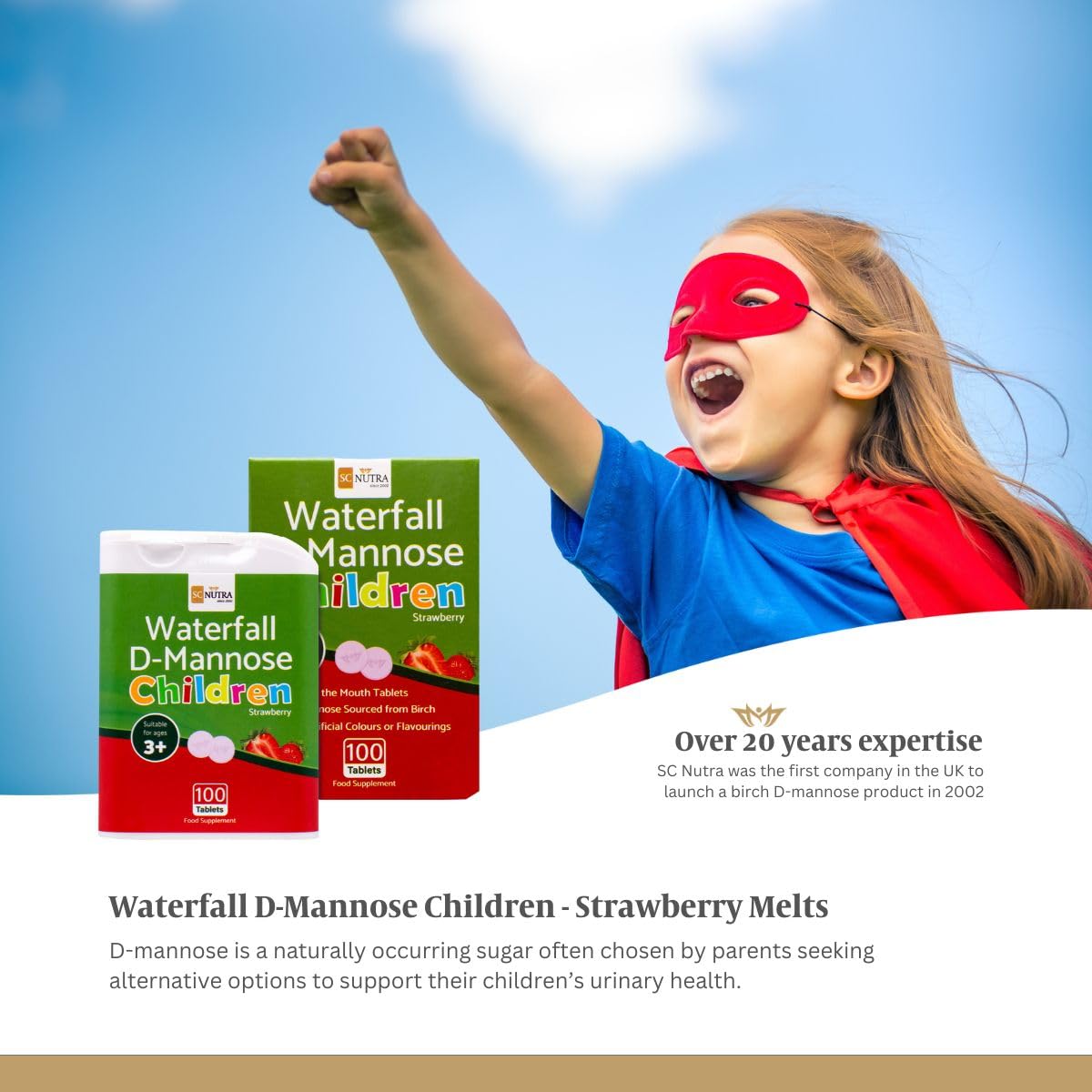 sc nutra Waterfall D-Mannose for Children Birch D-Mannose & Natural Strawberry Juice for Boys & Girls 3 Years + | 250mg Melts - Melt in the Mouth Tablets – 100 Count