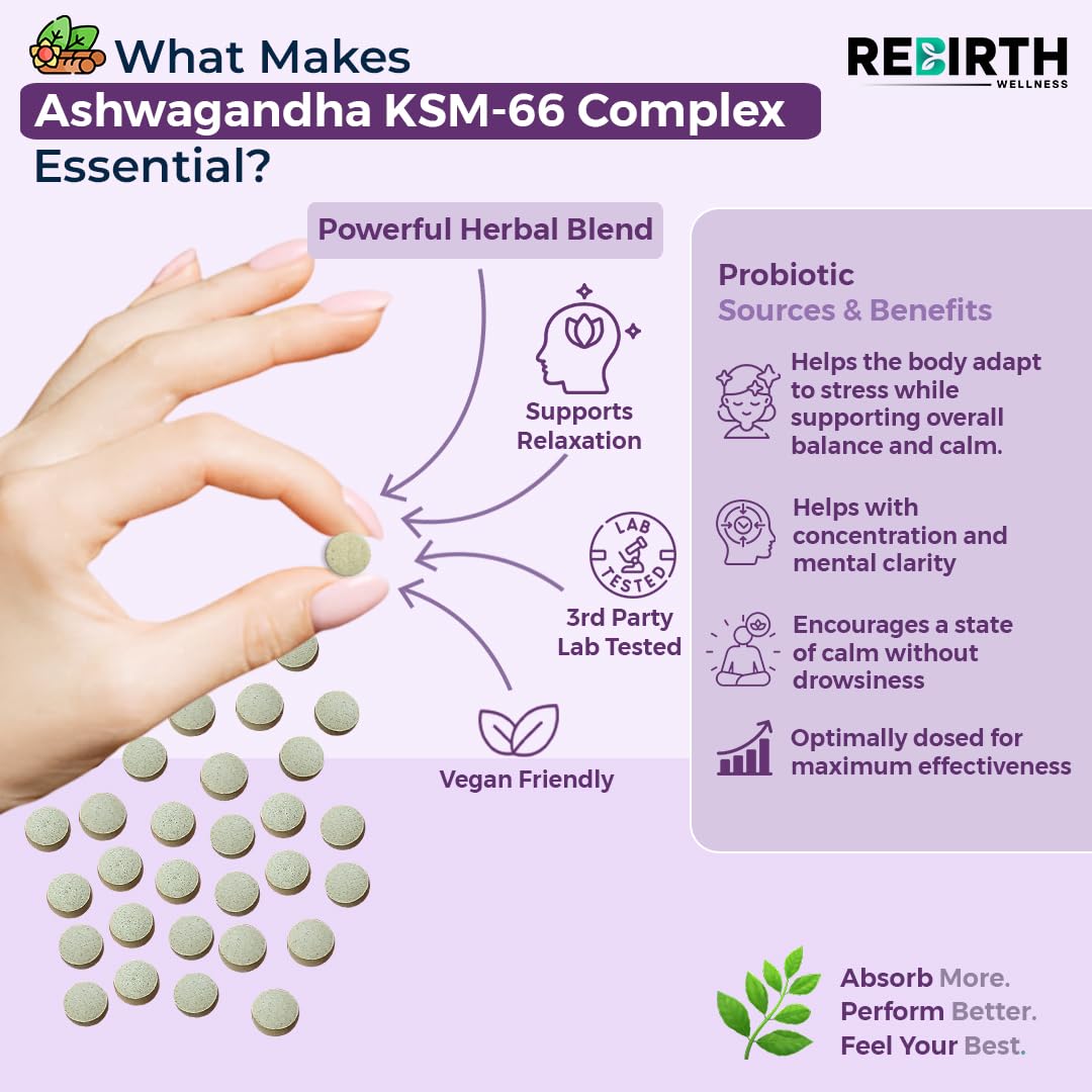 REBIRTH WELLNESS BE YOURSELF | ONLY BETTER Cortisol Support Supplement with Ashwagandha KSM 66, Rhodiola, L-Theanine & Lemon Balm – Natural Adaptogen for Balance, Focus & Weight Goals – 120 Tablets - UK Made