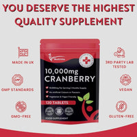 Cranberry Tablets 10,000mg 120 Vegan Tablets 2 Months Supply - High Strength Supplement for Women and Men Cranberry Extract for Urinary Tract Bladder and Kidney Support (not Capsules) UK Made GMO Free