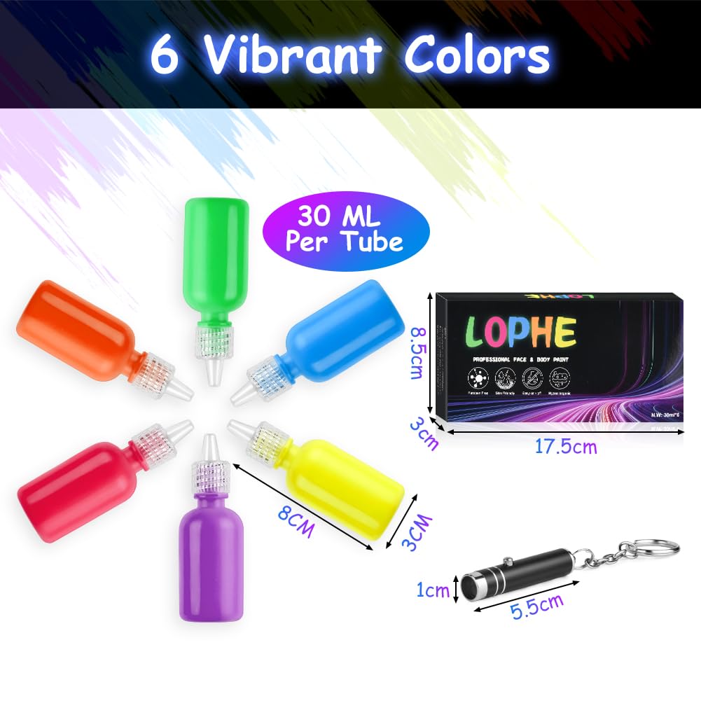 LOPHE UV Body Painting Set, 6 Pcs 30ML Ultraviolet Glow Face Paint with UV Lamp, UV Glowing Neon Liquid Face Painting, Non Toxic Face Body Paint for Carnival Halloween Cosplay Makeup Art Paint