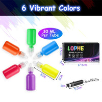 LOPHE UV Body Painting Set, 6 Pcs 30ML Ultraviolet Glow Face Paint with UV Lamp, UV Glowing Neon Liquid Face Painting, Non Toxic Face Body Paint for Carnival Halloween Cosplay Makeup Art Paint