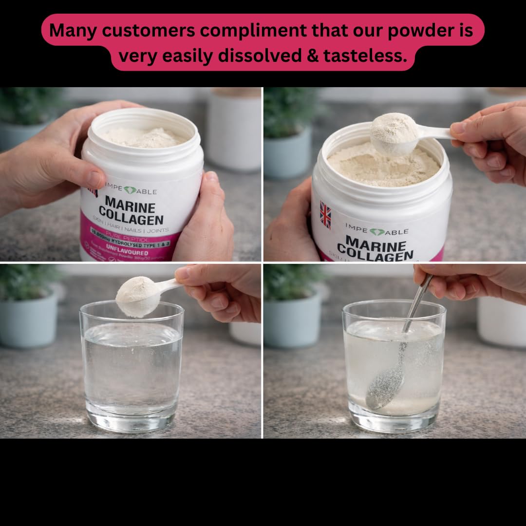 Impeccable IMPECCABLE Marine Collagen Powder - Hydrolysed Collagen Peptides 10,000 mg. Skin, Hair, Nails & Joint Support - Unflavoured, Easy-Mix Collagen Supplement for Women & Men. 300 g / 30 Servings.