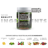 Feel Supreme - Super Greens Powder with Mushroom - 35 Nutrient Dense Organic Superfoods, no Added Sugar - High in Fibre, Protein, Vitamin C, Spirulina - Greens Supplement, Mushroom Powder - 300g