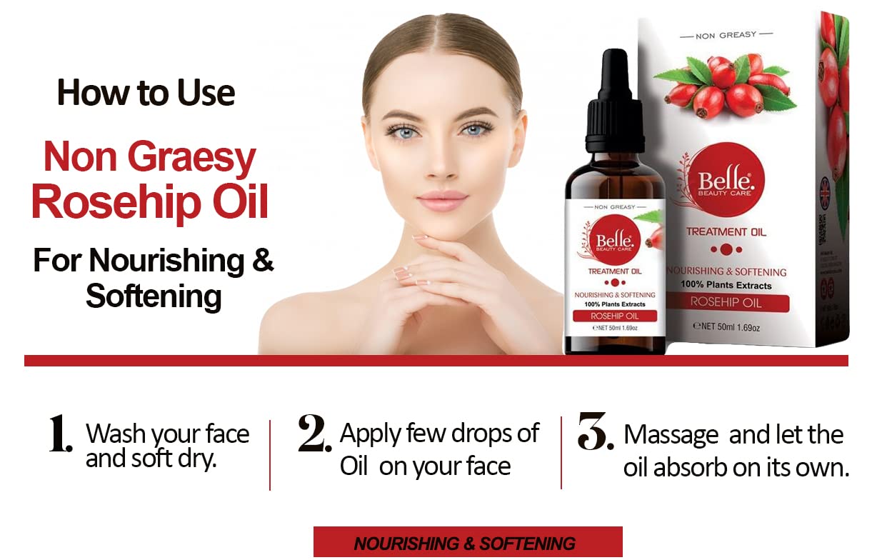 BELLE BEAUTY CARE Rosehip Oil Non Greasy Face Oil Treatment For Nourishing and Softening Skin Normal to Dry Skin 100% Pure Natural Cold Pressed Rosehip Oil 50mL1.69oz By BELLE