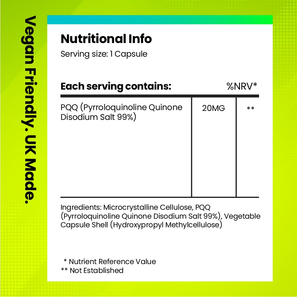 PQQ 20mg | High Strength 99% Pure Pyrroloquinoline Quinone | 60 Vegan Capsules | 2-Month Supply | UK-Made Supplement | Energy, Brain, Cell Health, Mitochondria & Anti-Ageing Support | Fitimins