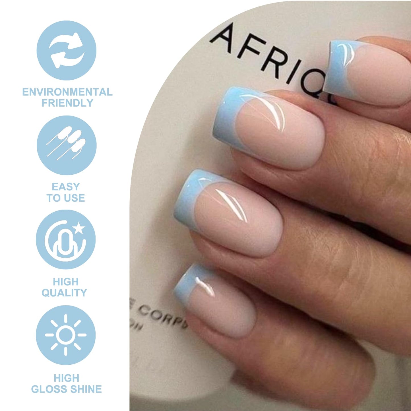 NLFOX Baby Blue French Tip False Nails - Square Press On Nails Short - French Coffin Fake Nails With Glue - Removable Full Cover Acrylic Stick On nails For Women Daily Wear Nail Art Gifts Accessories