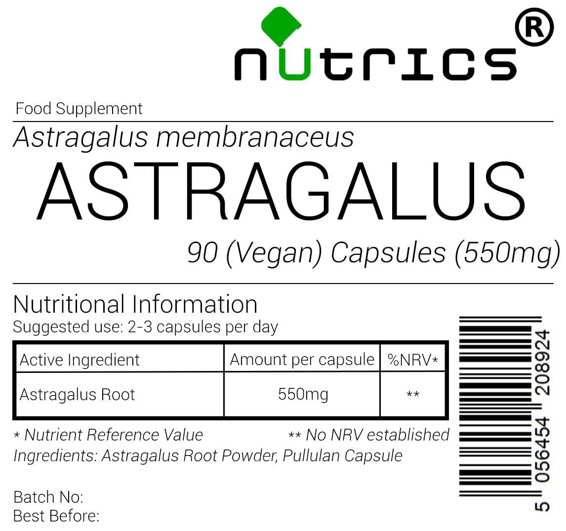 Nutrics® 550mg ASTRAGALUS ROOT 100% Pure x 90 V Capsules (1 Month Supply) huáng qí Milkvetch g - Suitable for Vegan Vegetarian Halal Kosher