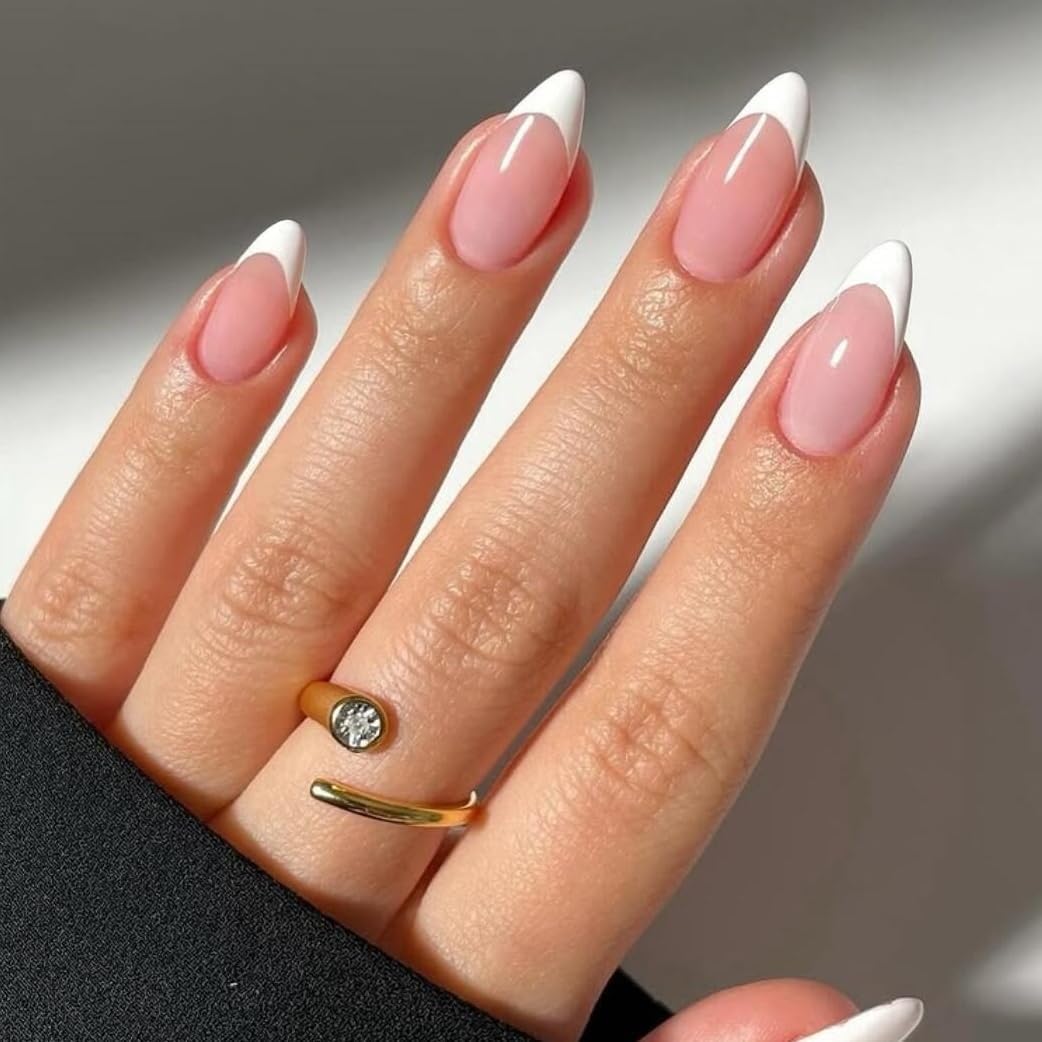 KQueenest 30 Pcs White French Tip Press on Nails Short Medium Almond, French Tip False Nails Short Stiletto, Thick Acrylic Fake Nails Set Natural Nude Gel Stick on Nail for Women Daily Wedding Wear
