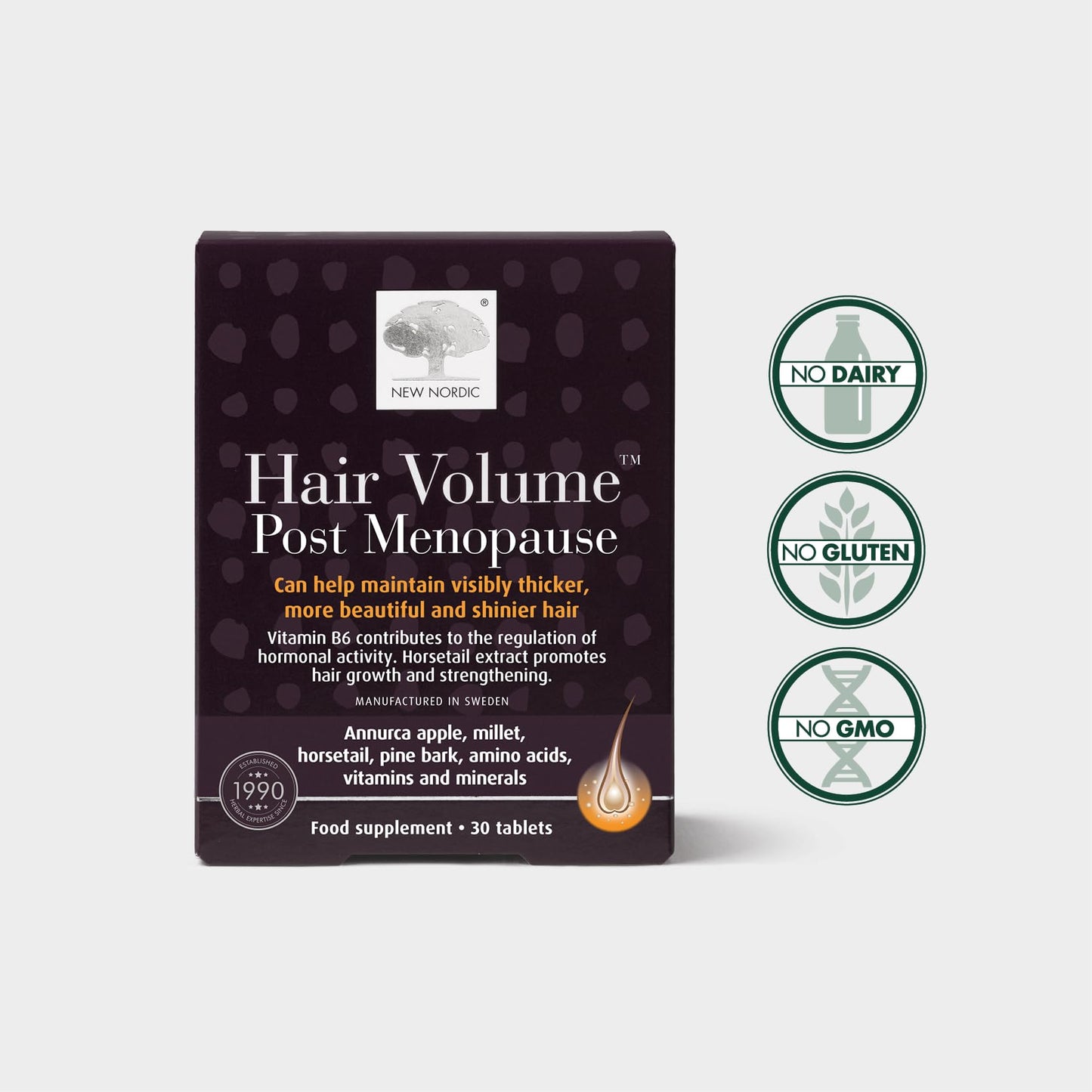 New Nordic Hair Volume Menopause | Supports Healthy Hair Growth | Extra Strength 3000 mcg Biotin, Vitamins B6 and B12 | Nourishes Mature Hair for Women | 30 Tablets