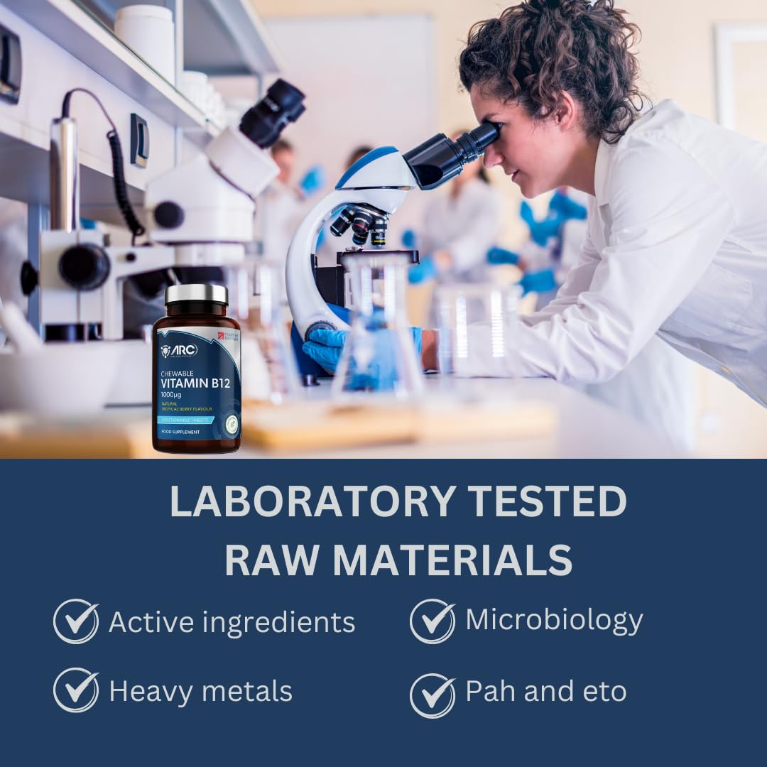 ARC) HEALTH+NUTRITION WWW.ARCHEALTHNUTRITION.CO.UK Vitamin B12 1000mcg - 400 Tablets - Melts on Tongue - Sugar Free Tropical Berry Flavour Chewable - Methylcobalamin Supplements - Made in UK