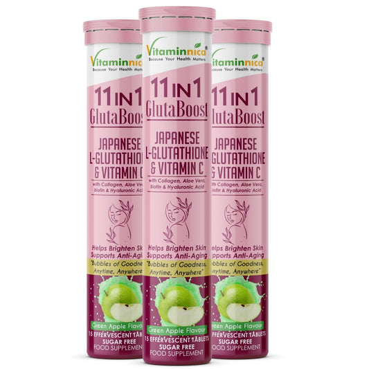 Vitaminnica Because your Health Matters Vitaminnica Gluta Boost 11-in-1 Effervescent Tablets with Japanese L-Glutathione, Collagen, & Hyaluronic Acid | Skin Radiance & Beauty Supplement | 15 Tablets (Pack of 3, Green Apple)