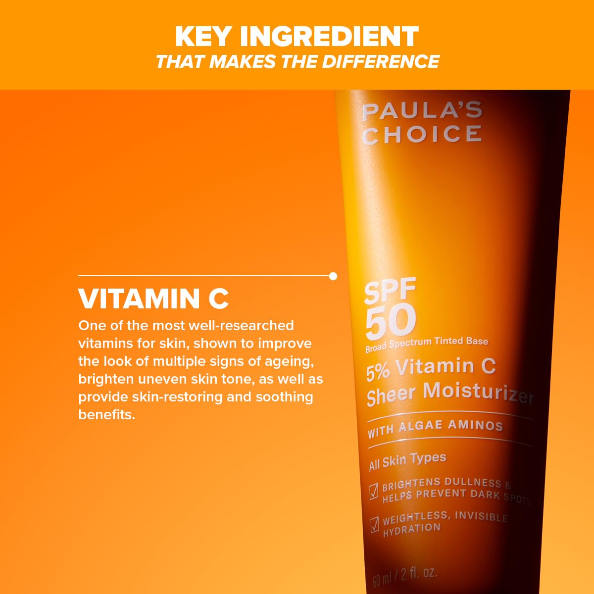Paula's Choice 5% Vitamin C Moisturiser SPF 50 - Face Day Cream Hydrates & Brightens Skin - Multi-Active Sun Protection - with 3 Types of Vitamin C - All Skin Types - 60 ml