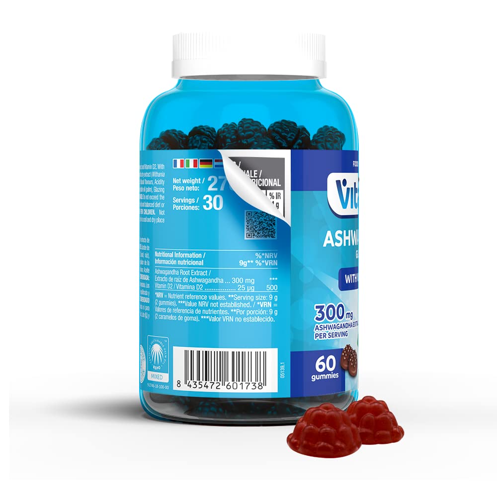 VITALDIN Ashwagandha Gummies – 300 mg Ashwagandha Root Extract KSM-66 & 1.000 IU Vitamin D2 – 60 Chewable Gummies (1 Month Supply) Berries Flavour – Anti-Stress adaptogen; Calm and Relaxation – Vegan