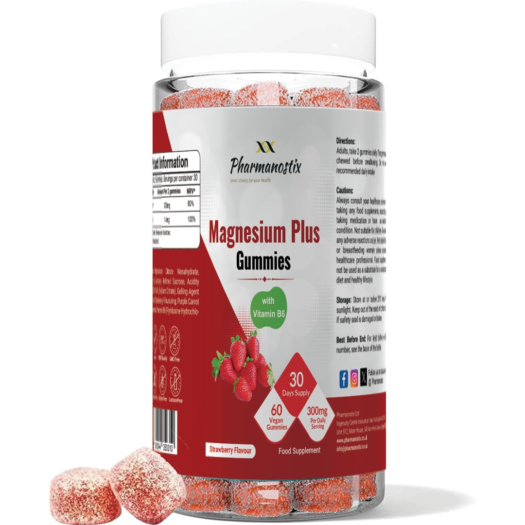 Pharmanostix Magnesium Citrate Gummies Plus 300mg, with Vitamin B6, 60 Vegan Gummies, Supports Muscle, Immunity, Electrolyte Balance, and Energy.