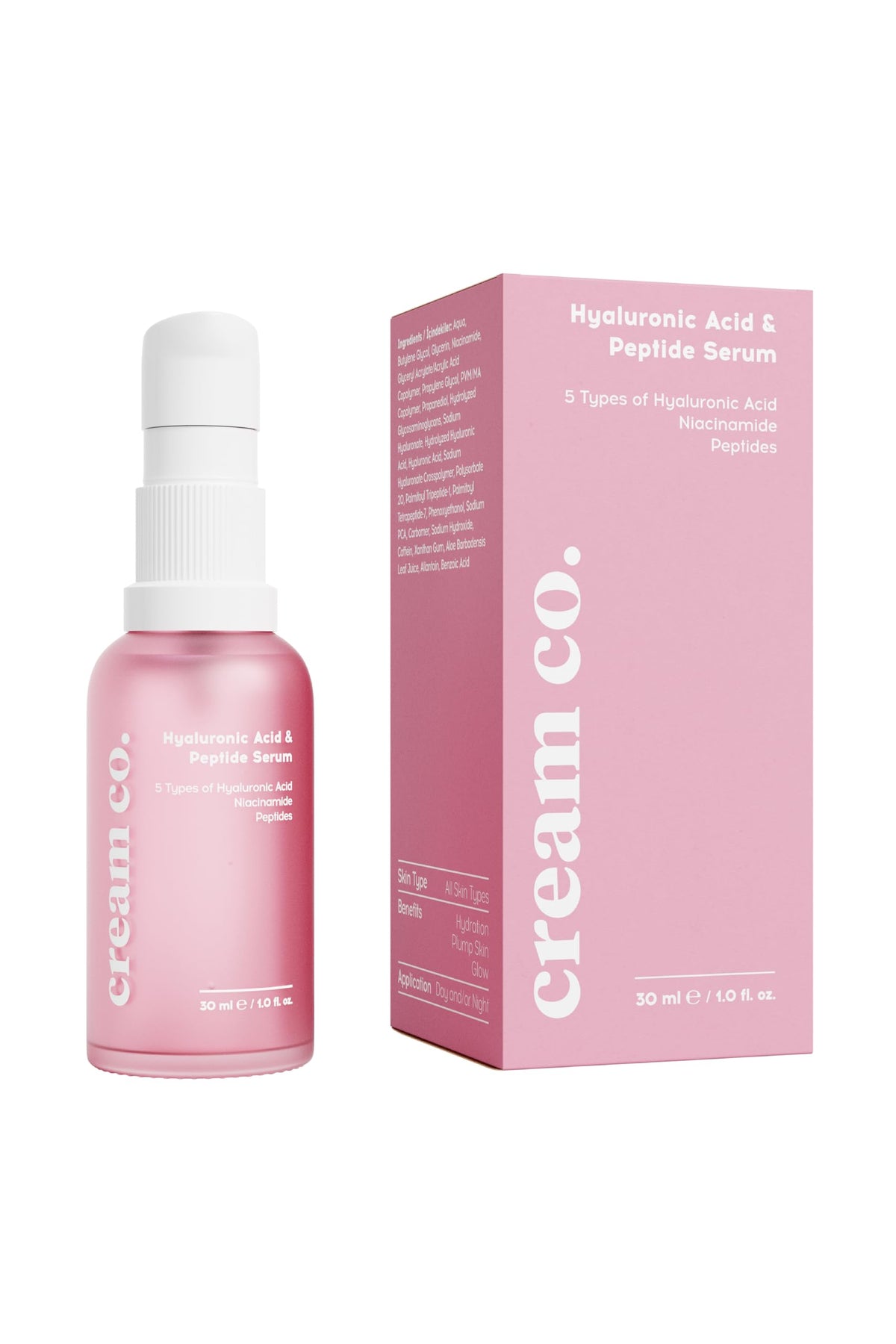 cream co. 30ml Peptide Serum & Hyaluronic Acid Face Serum for All Skin Types, Niacinamide, Anti Aging Serum for Face, Vegan, Balances Oil, Revitalizes