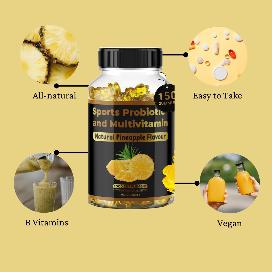 Beast and Bulk Nutrition Don't compete, Dominate Sports MultiVitamin Gummies | Probiotic + | Pineapple Flavour | 7 Essential Vitamins & Probiotics | Support a Healthy Living | Support Brain and Immune Function | 150 Gummies | 2 Months Supply
