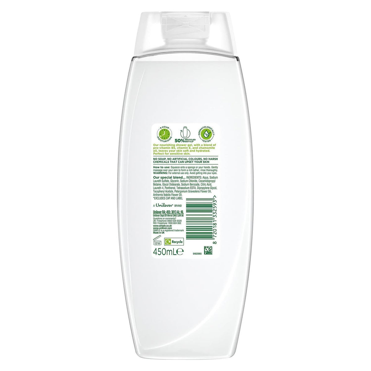 Simple Kind to Skin Nourishing Shower Gel with Vitamins E and Chamomile Oil for Sensitive Skin Care, 450 ml
