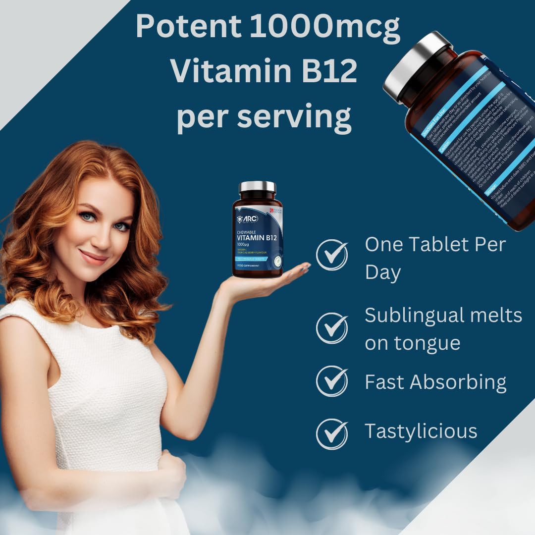 ARC) HEALTH+NUTRITION WWW.ARCHEALTHNUTRITION.CO.UK Vitamin B12 1000mcg - 400 Tablets - Melts on Tongue - Sugar Free Tropical Berry Flavour Chewable - Methylcobalamin Supplements - Made in UK