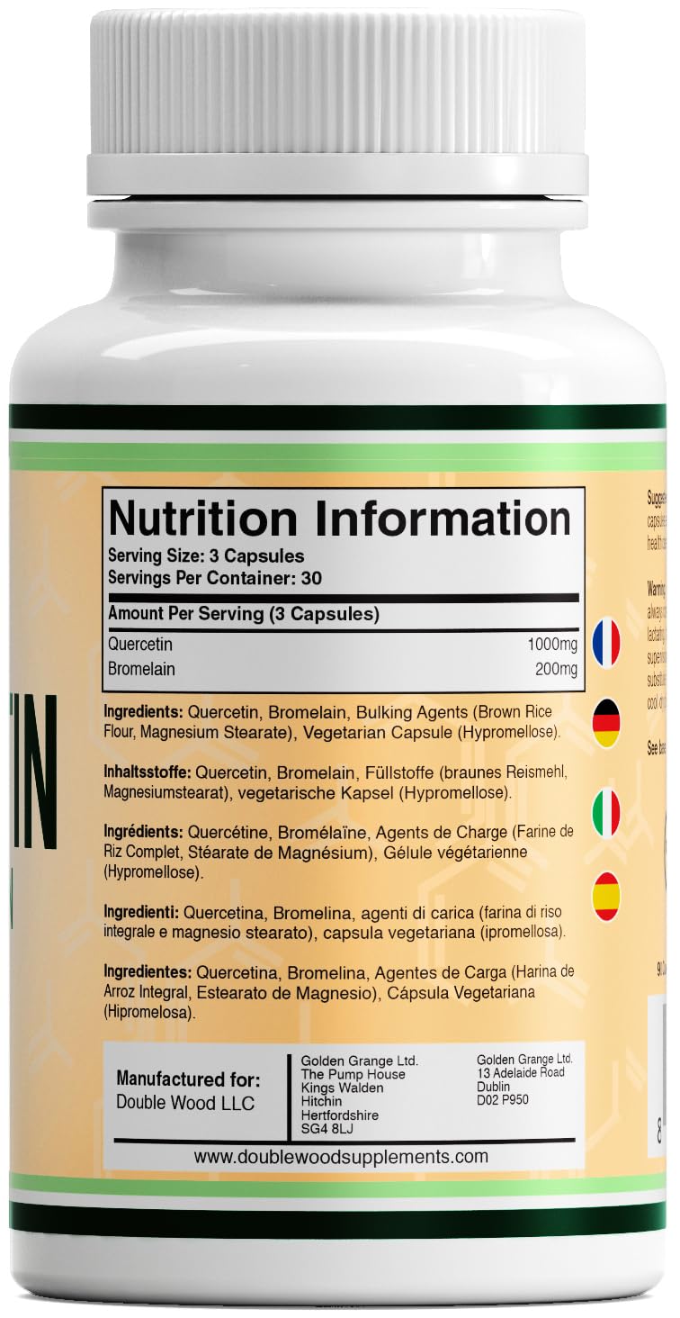 Double Wood Supplements Double Wood Quercetin 1000mg with Bromelain 200mg – 90 Vegan Capsules (30 Day Supply) – Immune Support, Antioxidant, Respiratory, Mucus & Allergy Relief – Non-GMO, UK Made