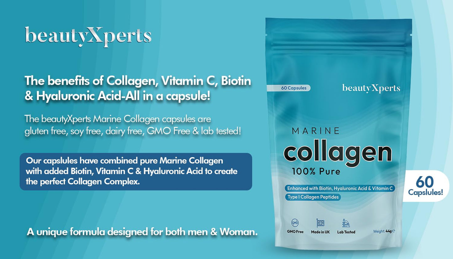BeautyXperts Marine Collagen Capsules | with Biotin, Hyaluronic Acid & Vitamin C | High Strength Pure Collagen Peptides Supplements for Women and Men | 60 Capsules (Not Tablets or Powder)