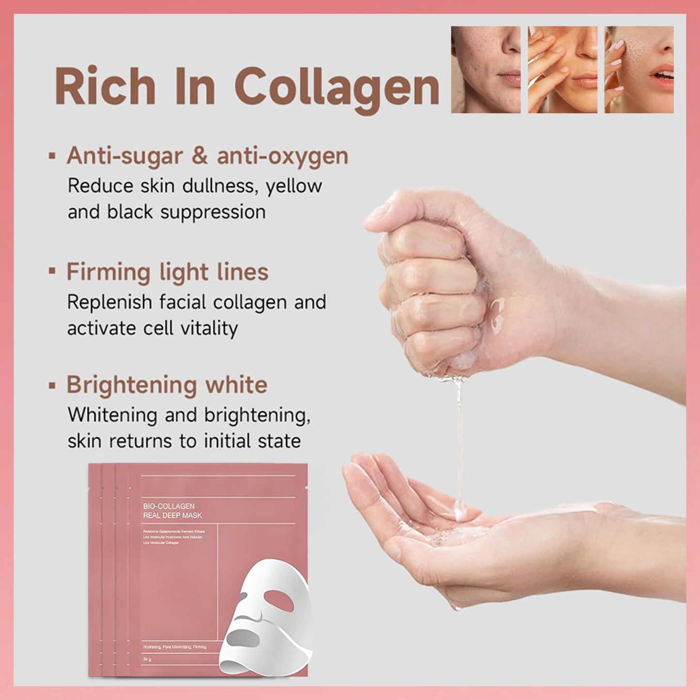 MINSHZEE Collagen Anti-Wrinkle Moisturising Face Mask, Korean Overnight Treatment, Pore Shrinking, 4 Pack