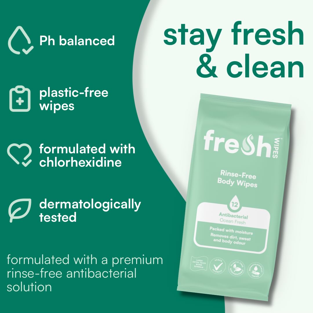 freshWIPES FreshWipes Antibacterial Body Wet Wipes For Adults 1 Pack (12 Wipes) - Ocean Fresh Scent - Extra Large Biodegradable - Dermatologically Tested & Suitable for Elderly or Disabled - Great for Camping